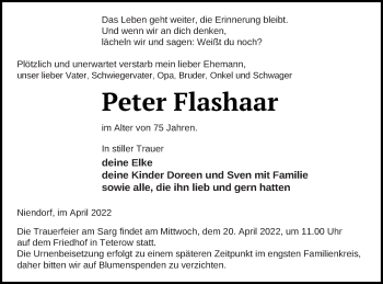 Traueranzeige von Peter Flashaar von Mecklenburger Schweiz