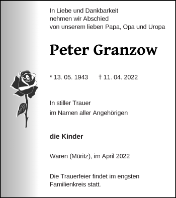 Traueranzeige von Peter Granzow von Müritz-Zeitung