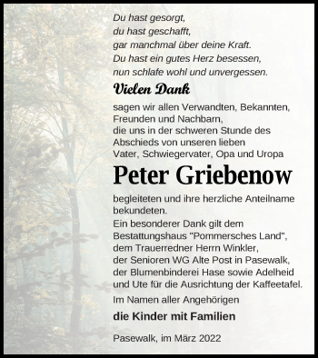 Traueranzeige von Peter Griebenow von Pasewalker Zeitung