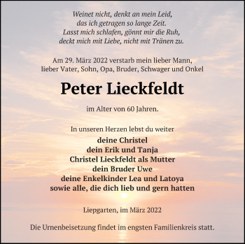 Traueranzeige von Peter Lieckfeldt von Haff-Zeitung