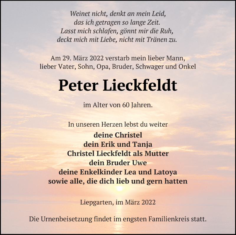  Traueranzeige für Peter Lieckfeldt vom 09.04.2022 aus Haff-Zeitung