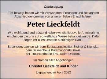 Traueranzeige von Peter Lieckfeldt von Haff-Zeitung