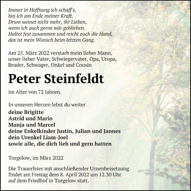  Traueranzeige für Peter Steinfeldt vom 01.04.2022 aus Haff-Zeitung