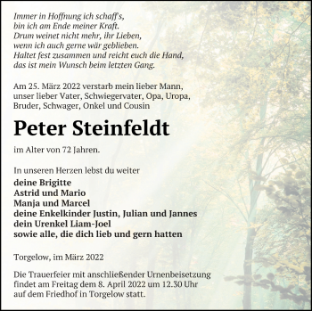 Traueranzeige von Peter Steinfeldt von Haff-Zeitung