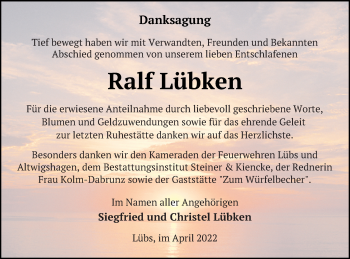 Traueranzeige von Ralf Lübken von Haff-Zeitung