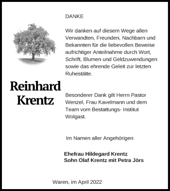Traueranzeige von Reinhard Krentz von Müritz-Zeitung