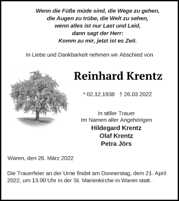 Traueranzeige von Reinhard Krentz von Müritz-Zeitung