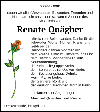 Traueranzeige von Renate Quägber von Haff-Zeitung