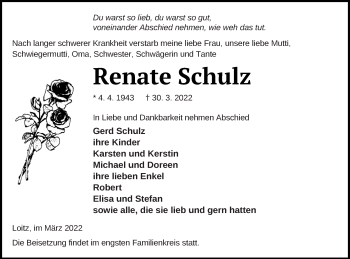 Traueranzeige von Renate Schulz von Vorpommern Kurier