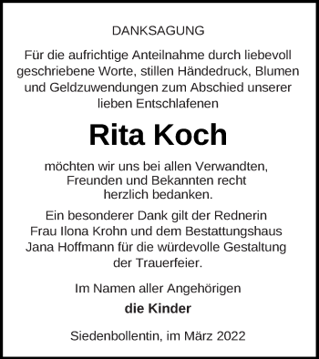 Traueranzeige von Rita Koch von Neubrandenburger Zeitung