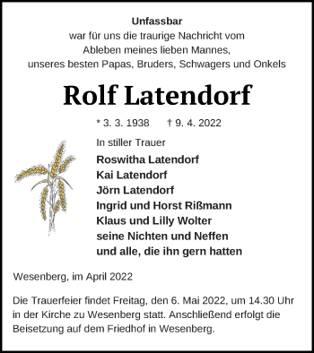 Traueranzeige von Rolf Latendorf von Strelitzer Zeitung