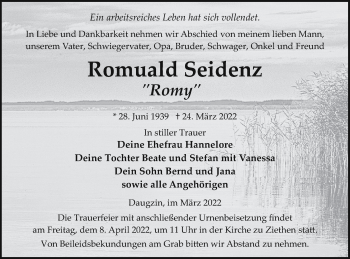 Traueranzeige von Romuald Seidenz von Vorpommern Kurier