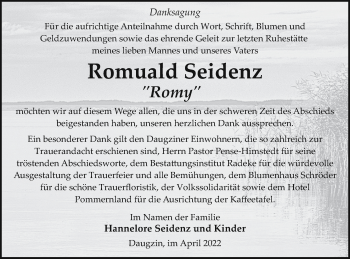 Traueranzeige von Romuald Seidenz von Vorpommern Kurier