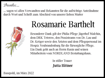 Traueranzeige von Rosamarie Barthelt von Mecklenburger Schweiz