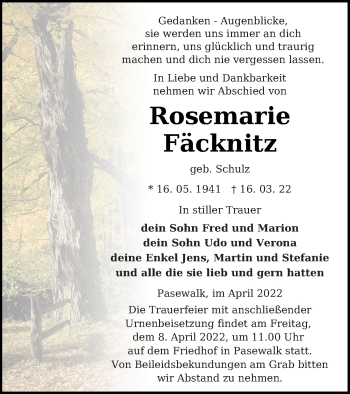 Traueranzeige von Rosemarie Fäcknitz von Pasewalker Zeitung