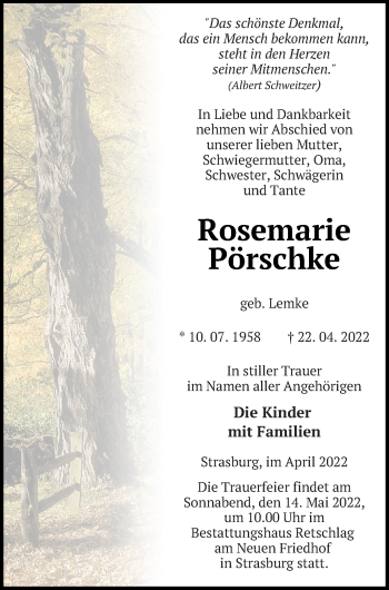 Traueranzeige von Rosemarie Pörschke von Pasewalker Zeitung