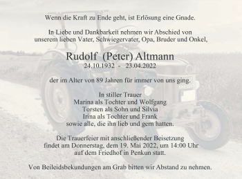 Traueranzeige von Rudolf Altmann von Pasewalker Zeitung