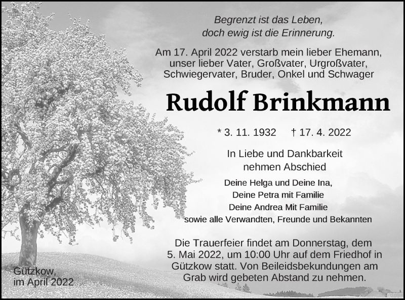  Traueranzeige für Rudolf Brinkmann vom 22.04.2022 aus Vorpommern Kurier