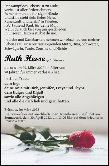 Traueranzeige von Ruth Hesse von Prenzlauer Zeitung