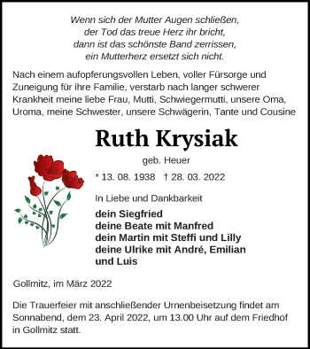 Traueranzeige von Ruth Krysiak von Prenzlauer Zeitung