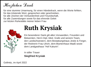 Traueranzeige von Ruth Krysiak von Prenzlauer Zeitung