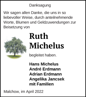 Traueranzeige von Ruth Michelus von Müritz-Zeitung