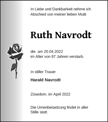 Traueranzeige von Ruth Navrodt von Pasewalker Zeitung