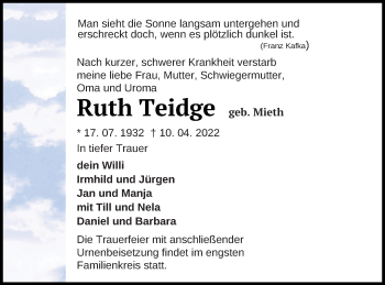 Traueranzeige von Ruth Teidge von Neubrandenburger Zeitung