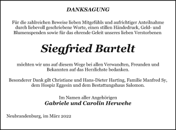 Traueranzeige von Siegfried Bartelt von Pasewalker Zeitung