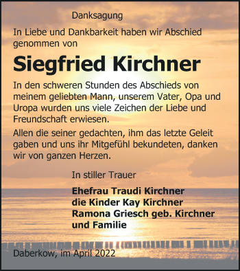 Traueranzeige von Siegfried Kirchner von Demminer Zeitung