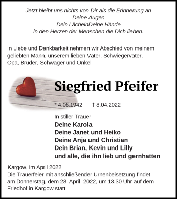 Traueranzeige von Siegfried Pfeifer von Müritz-Zeitung