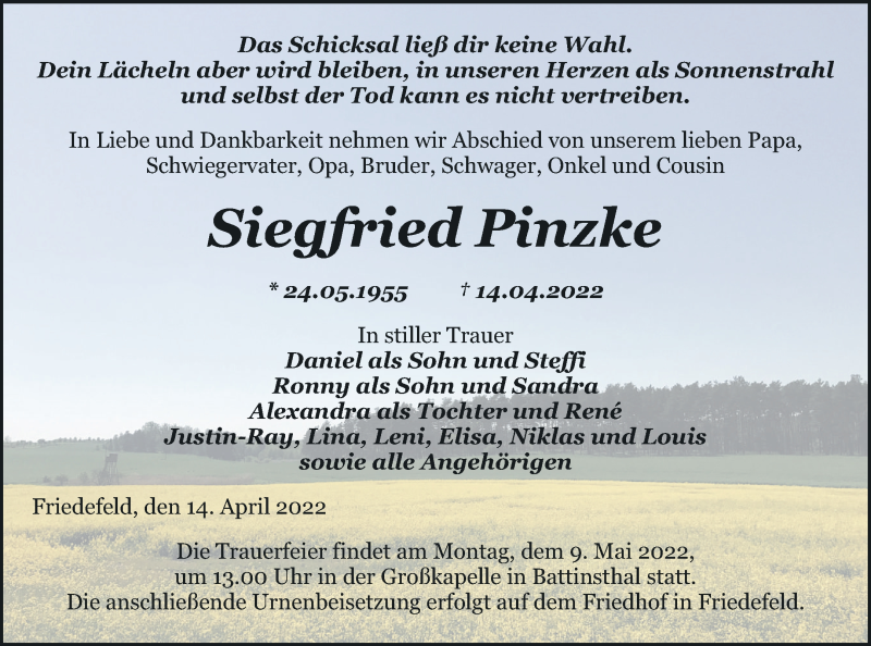  Traueranzeige für Siegfried Pinzke vom 23.04.2022 aus Pasewalker Zeitung