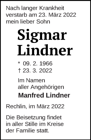 Traueranzeige von Sigmar Lindner von Müritz-Zeitung