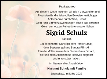 Traueranzeige von Sigrid Schulz von Vorpommern Kurier