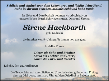 Traueranzeige von Sirene Hackbarth von Pasewalker Zeitung