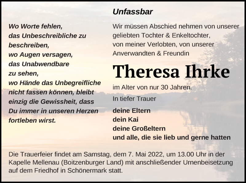  Traueranzeige für Theresa Ihrke vom 20.04.2022 aus Neubrandenburger Zeitung