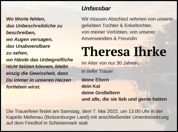 Traueranzeige von Theresa Ihrke von Neubrandenburger Zeitung