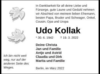 Traueranzeige von Udo Kollak von Haff-Zeitung