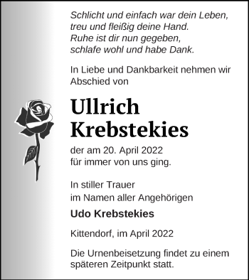 Traueranzeige von Ullrich Krebstekies von Demminer Zeitung