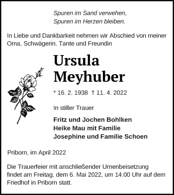 Traueranzeige von Ursula Meyhuber von Müritz-Zeitung