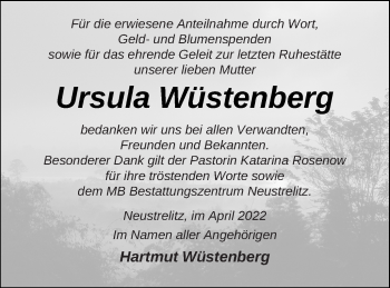 Traueranzeige von Ursula Wüstenberg von Strelitzer Zeitung