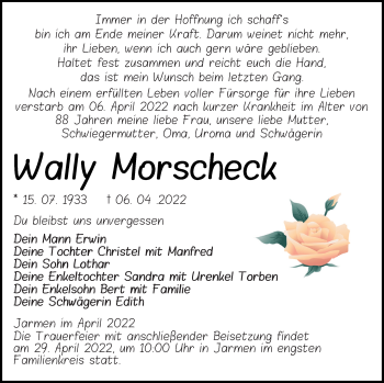 Traueranzeige von Wally Morscheck von Vorpommern Kurier