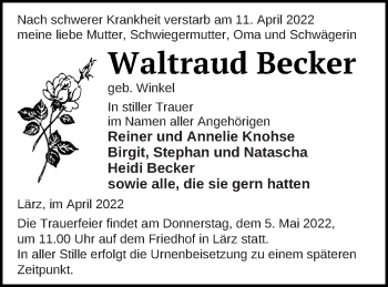 Traueranzeige von Waltraud Becker von Strelitzer Zeitung