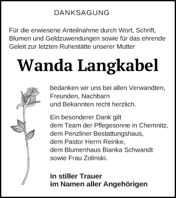 Traueranzeige von Wanda Langkabel von Müritz-Zeitung