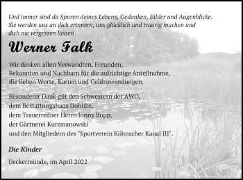 Traueranzeige von Werner Falk von Haff-Zeitung