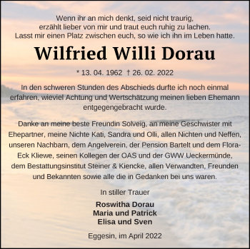 Traueranzeige von Wilfried Willi Dorau von Haff-Zeitung