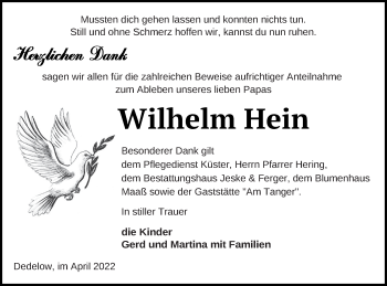 Traueranzeige von Wilhelm Hein von Prenzlauer Zeitung