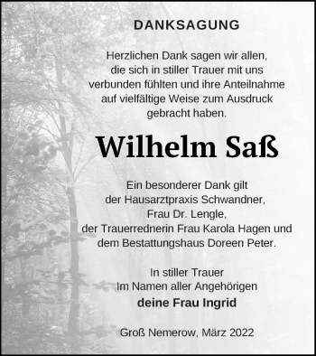 Traueranzeige von Wilhelm Saß von Neubrandenburger Zeitung