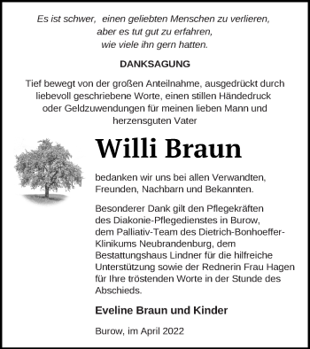 Traueranzeige von Willi Braun von Neubrandenburger Zeitung