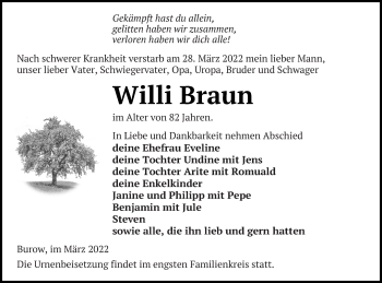 Traueranzeige von Willi Braun von Neubrandenburger Zeitung